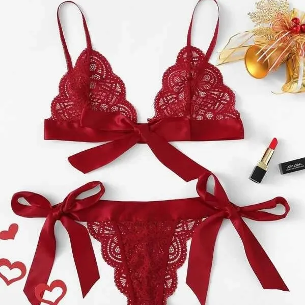 女子力アップ セクシー ボウタイ 高通気 セクシー 透け感 ノンワイヤー ブラ・ショーツセット
