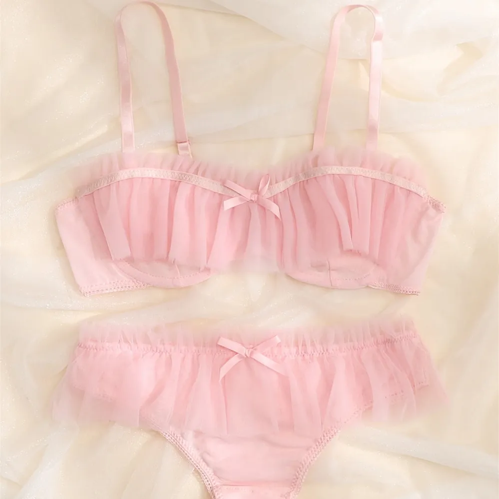 大人可愛い メッシュ セクシー 誘惑 ワイヤー入り 美胸 切り替え リボン ブラ・ショーツセット