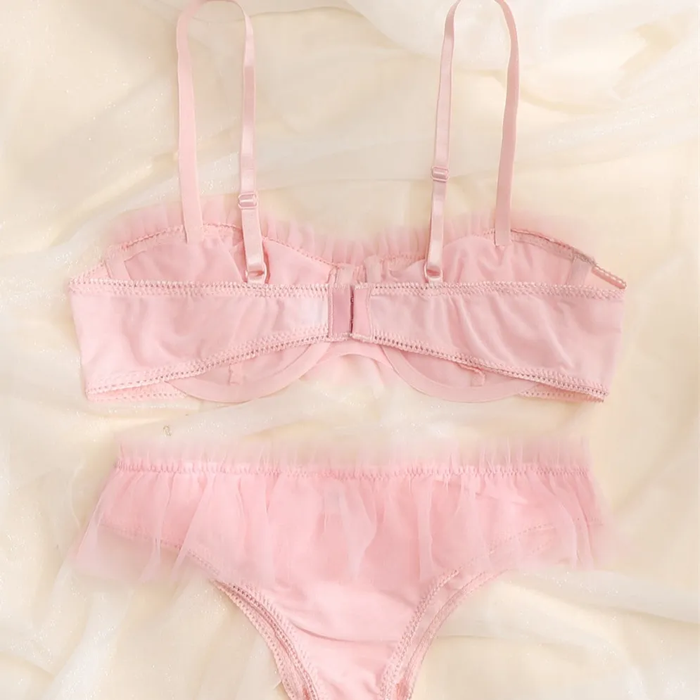 大人可愛い メッシュ セクシー 誘惑 ワイヤー入り 美胸 切り替え リボン ブラ・ショーツセット