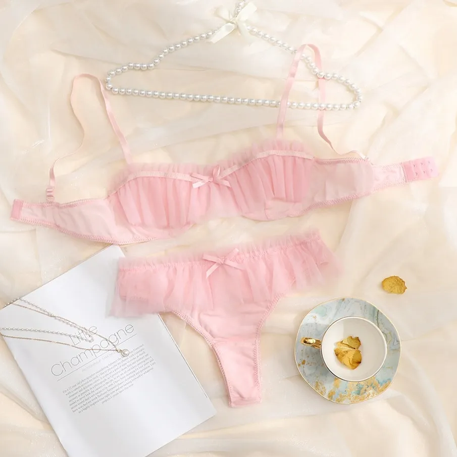 大人可愛い メッシュ セクシー 誘惑 ワイヤー入り 美胸 切り替え リボン ブラ・ショーツセット