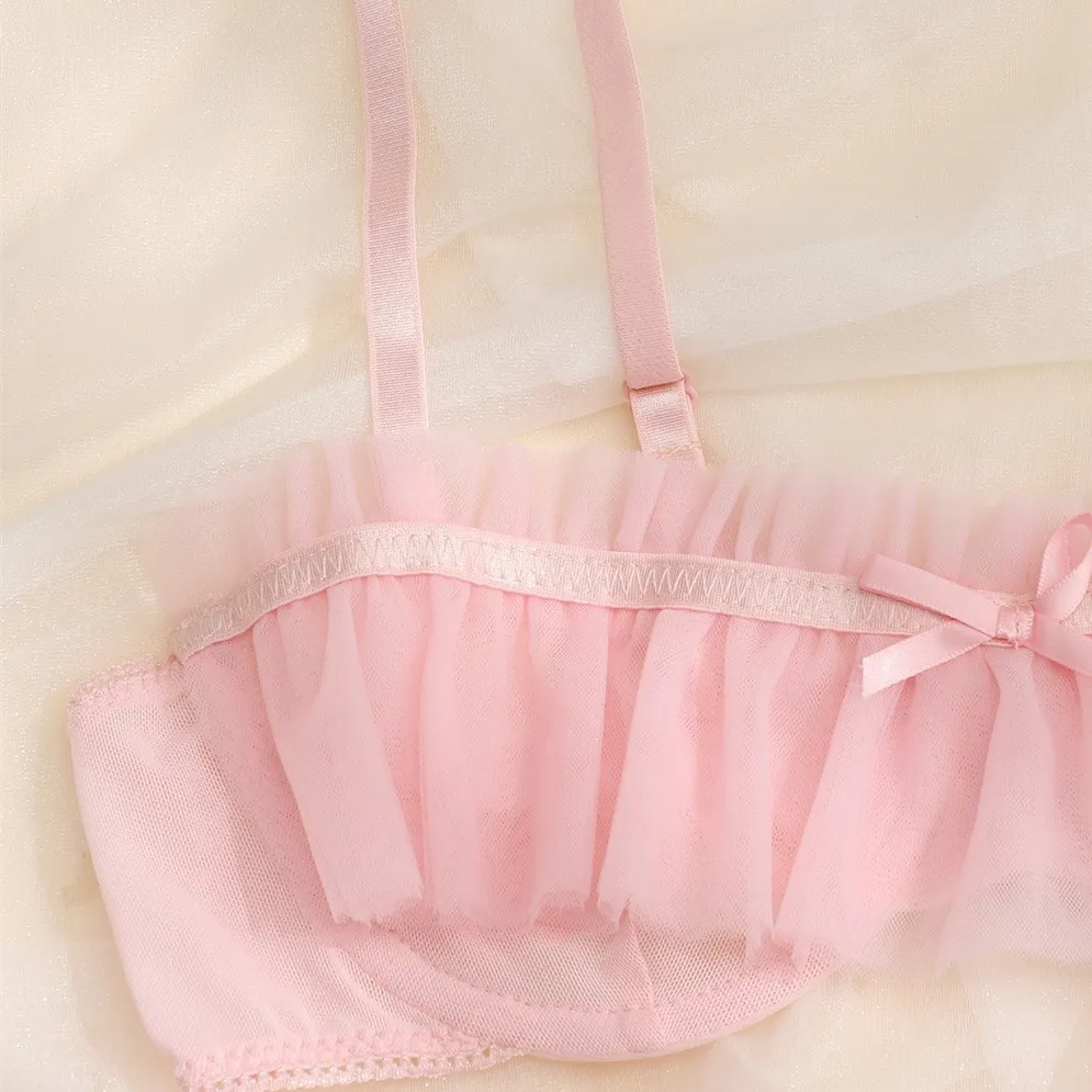 大人可愛い メッシュ セクシー 誘惑 ワイヤー入り 美胸 切り替え リボン ブラ・ショーツセット