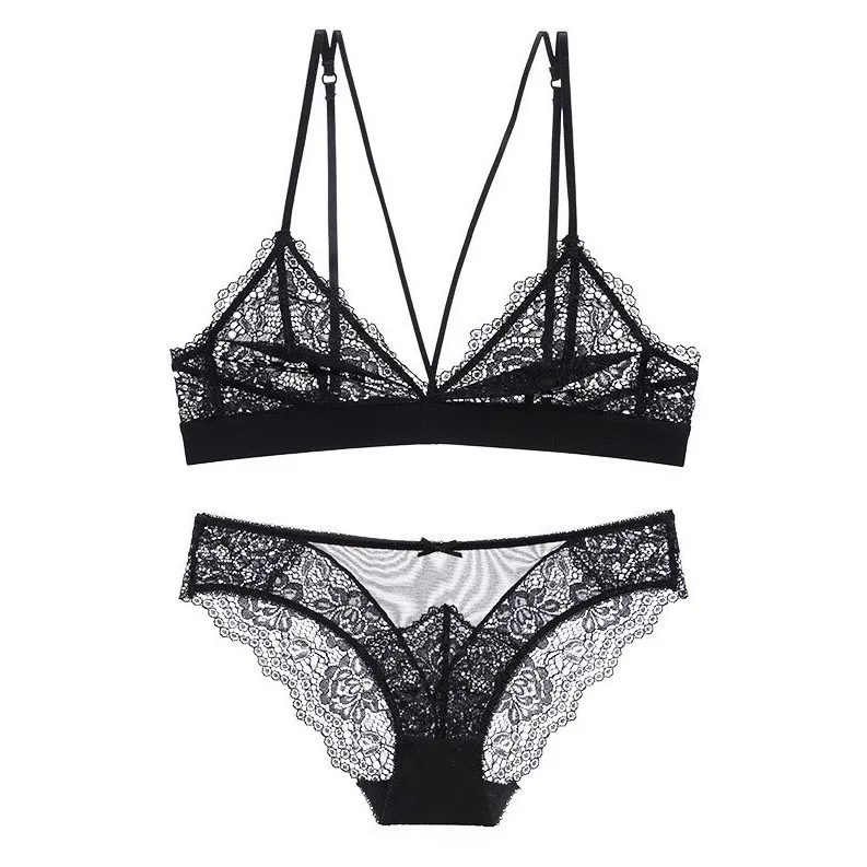 透け感 セクシー 透かし彫り レース ノンワイヤー A-Dカップ 無地 ブラ・ショーツセット