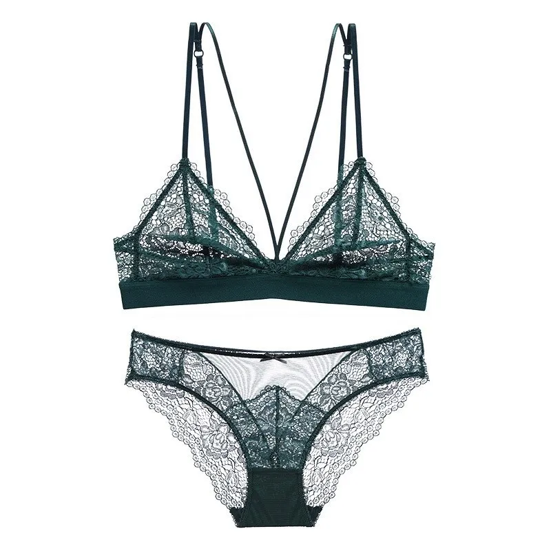 透け感 セクシー 透かし彫り レース ノンワイヤー A-Dカップ 無地 ブラ・ショーツセット