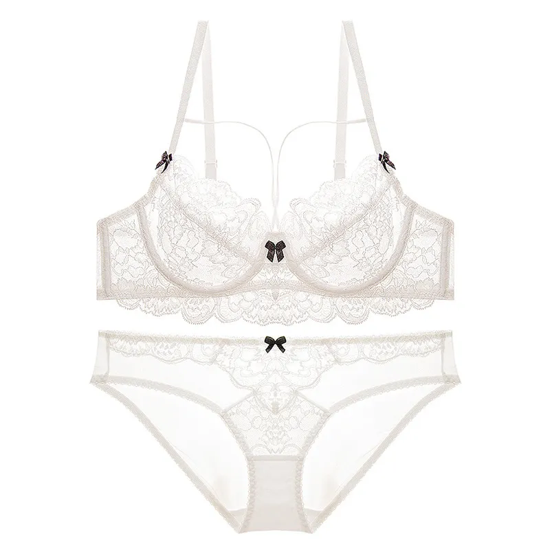 フランス式 単品販売可能 ビッグサイズ A-Eカップ ワイヤー入り 超薄め 透け透け レース ブラ・ショーツセット