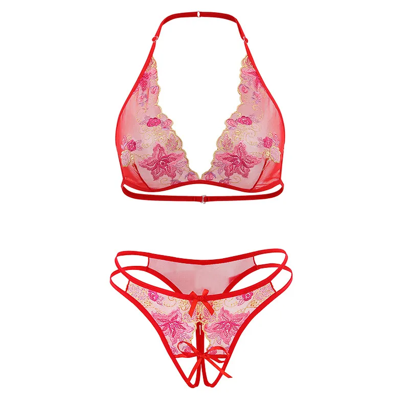 女性らしさUP 三角カップ 刺繡 透かし彫り ノンワイヤー 穴開き 超薄め ブラ・ショーツセット