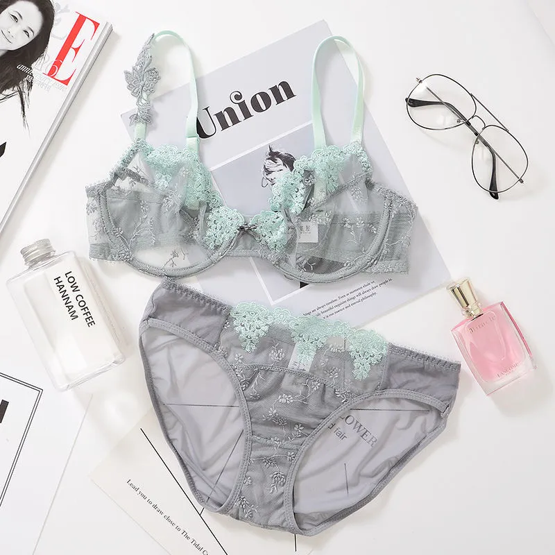 女性大人気 刺繡 レース メッシュ 単品販売 ワイヤー入り 透け感 A-Eカップ 超薄め 通気性良い ブラ・ショーツセット