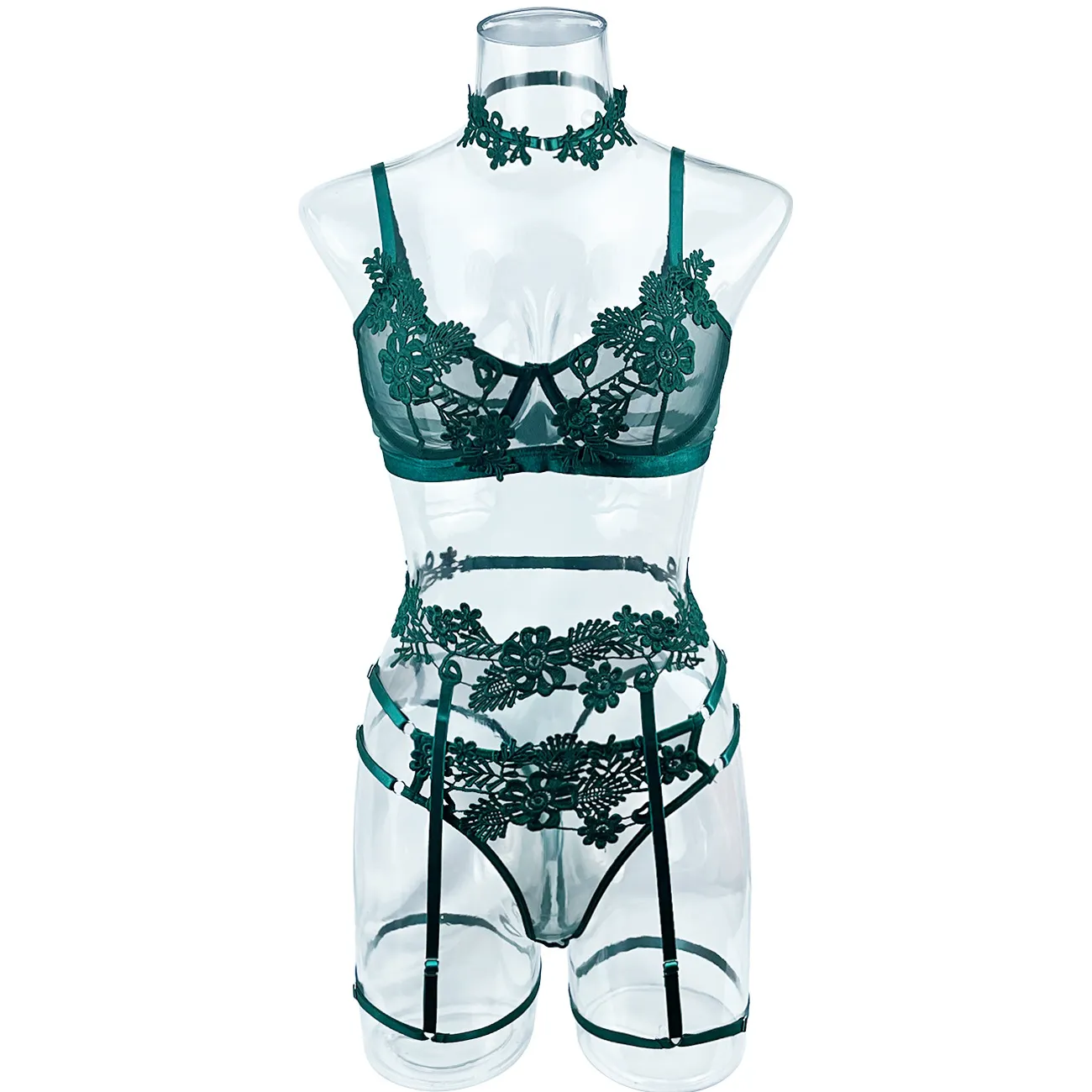 絶対欲しい 美胸 薄手カップ ノンワイヤー 透け 刺繍 A-Cカップ ガーターベルト付き セクシー ブラ・ショーツセット