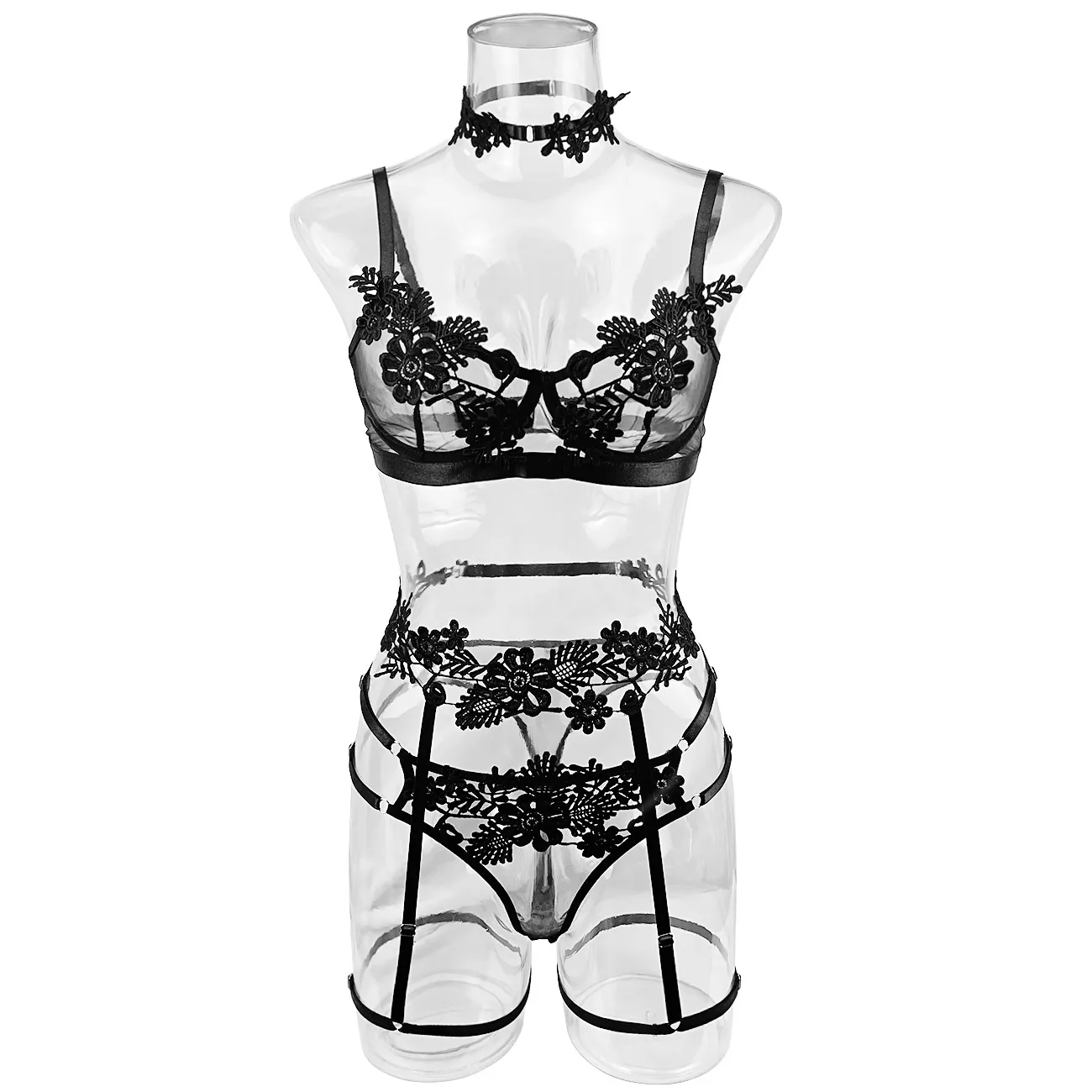 絶対欲しい 美胸 薄手カップ ノンワイヤー 透け 刺繍 A-Cカップ ガーターベルト付き セクシー ブラ・ショーツセット