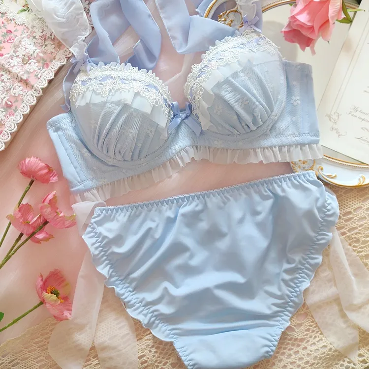 大人可愛い 少女 刺繍 レース リボン付き A-Eカップ 後ろホック ワイヤー入り ブラ・ショーツセット