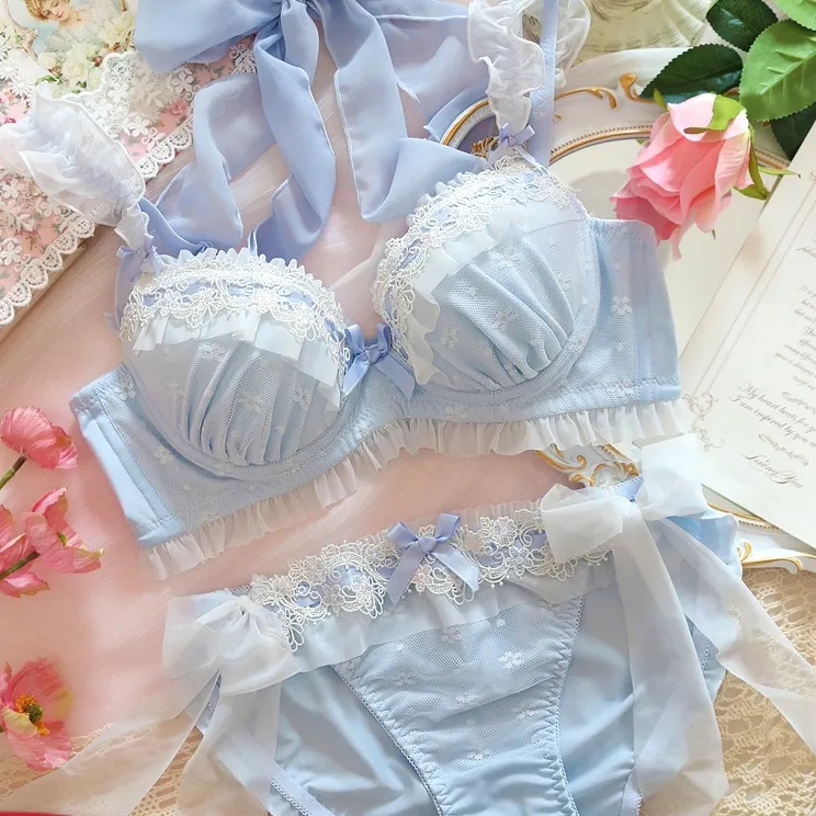 大人可愛い 少女 刺繍 レース リボン付き A-Eカップ 後ろホック ワイヤー入り ブラ・ショーツセット