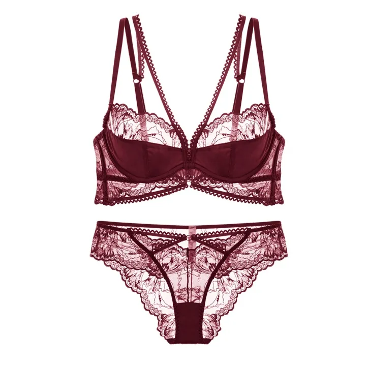 フランス式 レース ワイヤー入り A-Cカップ 超薄い セクシー 谷間メイク 下垂防止 ブラ・ショーツセット