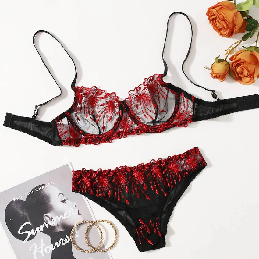 セクシー 谷間メイク 欧米風 ワイヤー入り 刺繡 薄い スケスケ チャーミング ブラ・ショーツセット