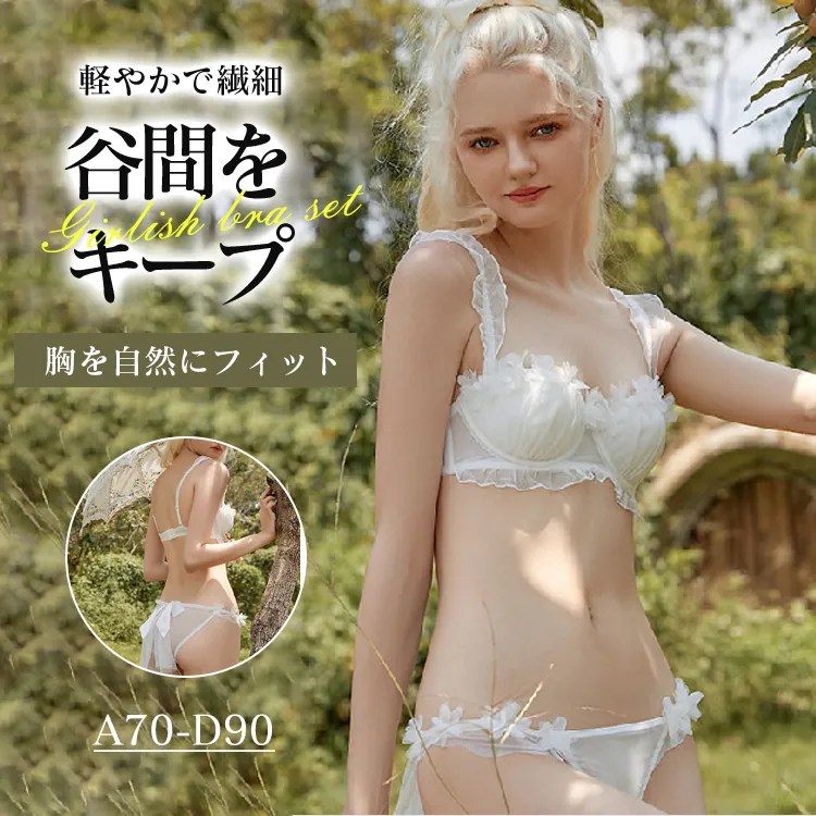 大人可愛い A-Eカップ レース 育乳 アップリケ 盛れる ワイヤー入り ブラ・ショーツセット