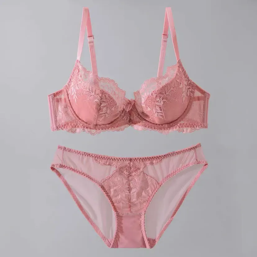 【小さく見える】セクシー A-Eカップ 刺繍 切り替え レース ワイヤー入り ブラ・ショーツセット