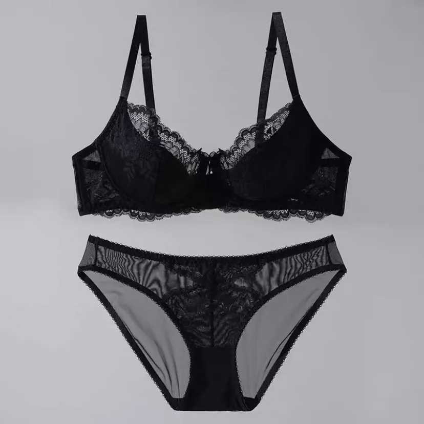 【小さく見える】セクシー A-Eカップ 刺繍 切り替え レース ワイヤー入り ブラ・ショーツセット