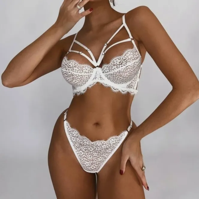 欧米風 レース 透かし彫り ワイヤー入り ガーターベルト付き 一目惚れ 超薄め ブラ・ショーツセット