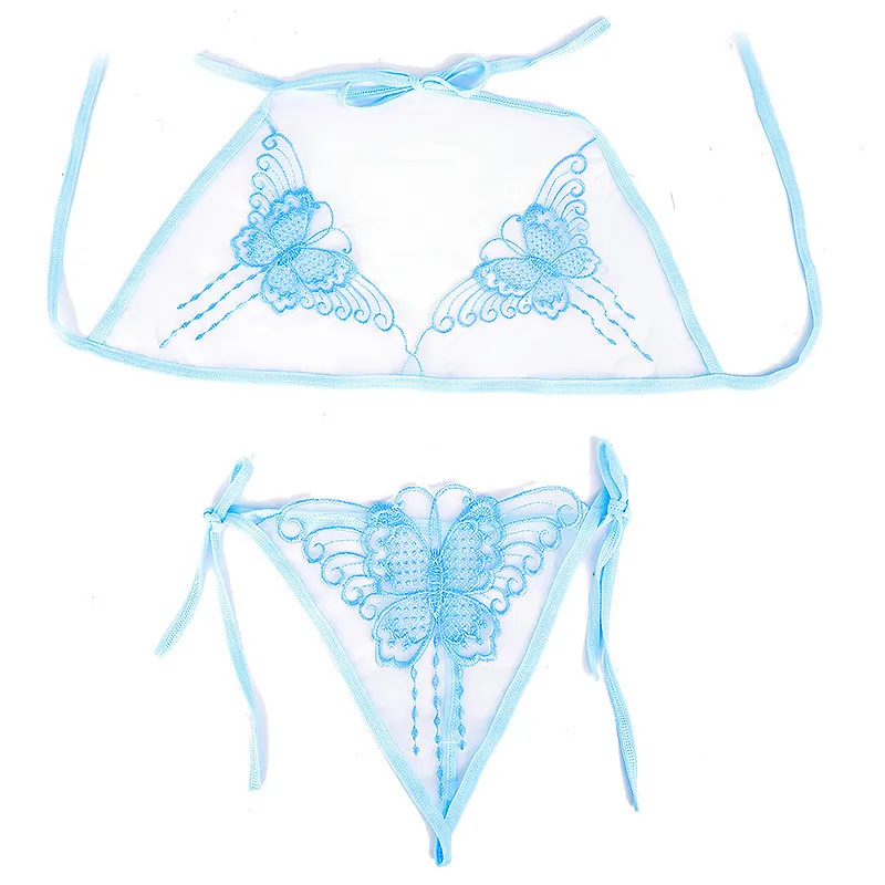 女性に大人気 刺繡 透け感 ボウタイ 瞬間脱着 セクシー 薄手 ノンワイヤー ブラ・ショーツセット