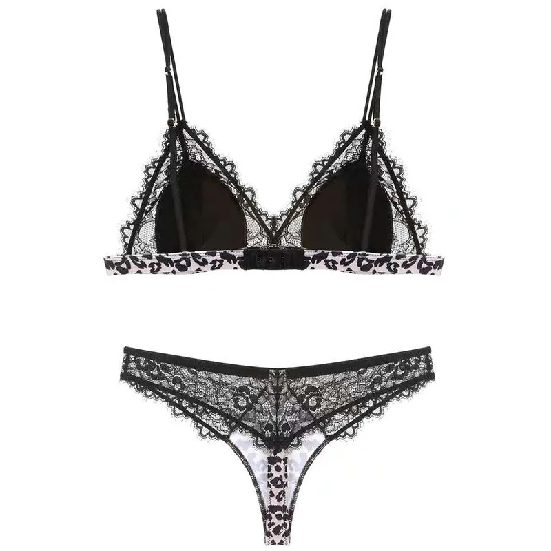 背中魅せ ヒョウ柄 セクシー レース 切り替え A-Cカップ ノンワイヤー 欧米風 ブラ・ショーツセット