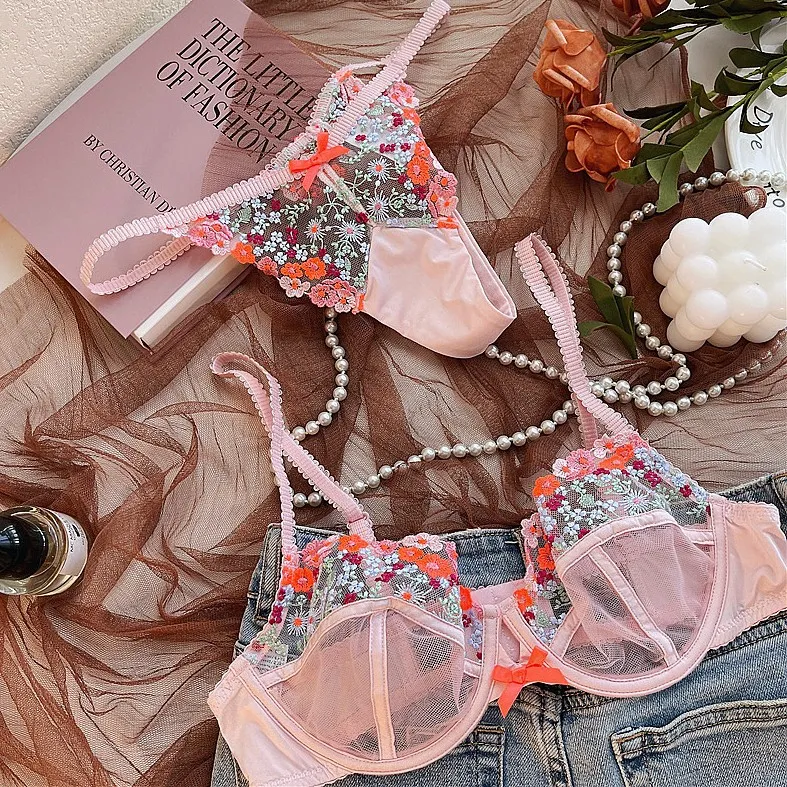 フランス式 A-Cカップ 超薄め メッシュ セクシー 谷間メイク ワイヤー入り ブラ・ショーツセット