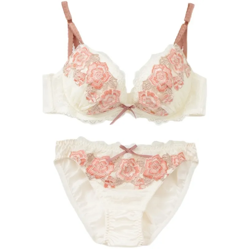 【ショーツ2点】A-Gカップ サイズ展開 スウィート 刺繡 レース ワイヤー入り 後ろホック 脇スッキリ ブラ・ショーツセット