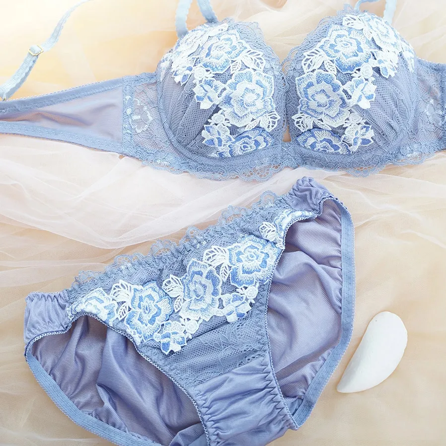【ショーツ2点】A-Gカップ サイズ展開 スウィート 刺繡 レース ワイヤー入り 後ろホック 脇スッキリ ブラ・ショーツセット