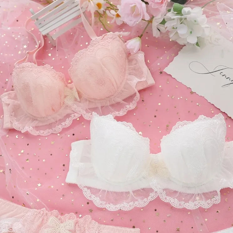 無敵な可愛さ ワイヤー入り A-Eカップ まん丸バスト 谷間メイク 刺繡 レース ブラ・ショーツセット