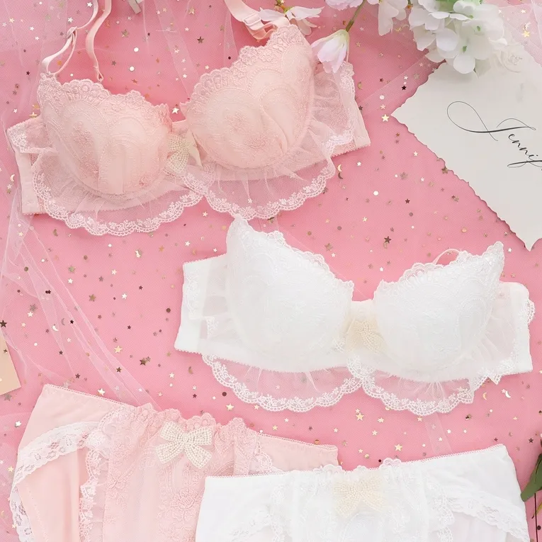 無敵な可愛さ ワイヤー入り A-Eカップ まん丸バスト 谷間メイク 刺繡 レース ブラ・ショーツセット