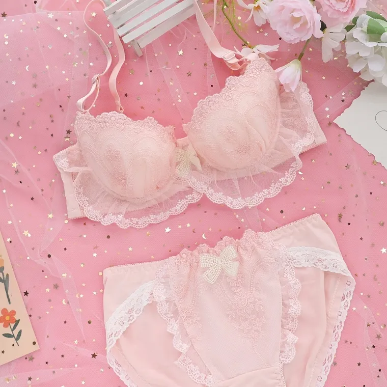 無敵な可愛さ ワイヤー入り A-Eカップ まん丸バスト 谷間メイク 刺繡 レース ブラ・ショーツセット