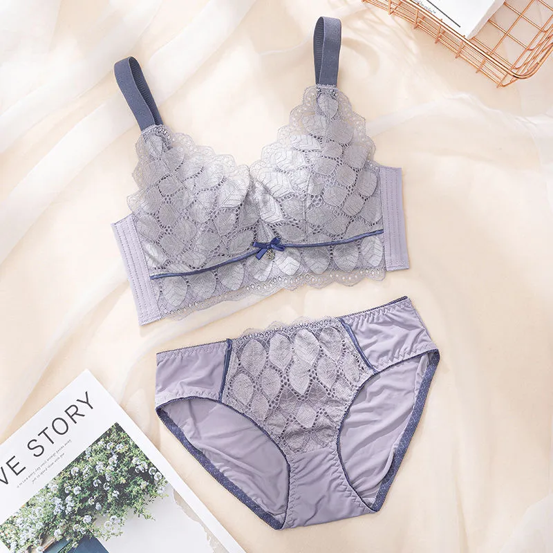 全4色 優しい印象 B-Eカップ ノンワイヤー 柔らかい レース 切り替え リボン ブラ・ショーツセット