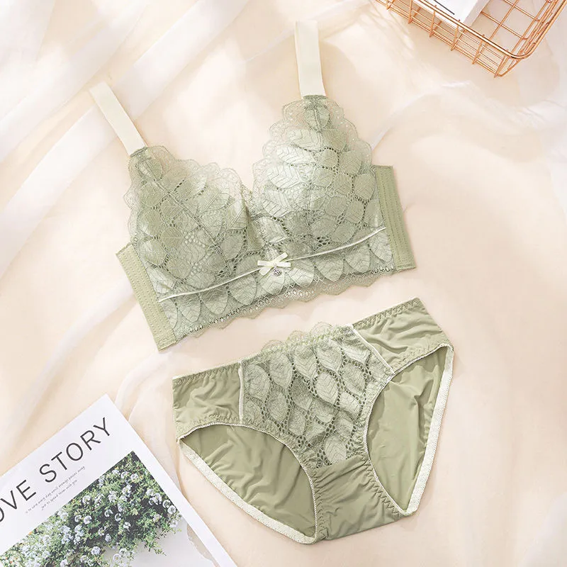 全4色 優しい印象 B-Eカップ ノンワイヤー 柔らかい レース 切り替え リボン ブラ・ショーツセット