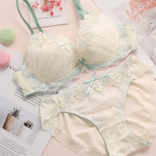 無敵な可愛さ まん丸バスト 少女っぽい B-Fカップ スウィート 刺繍花柄  レース ワイヤー入り ブラ・ショーツセット