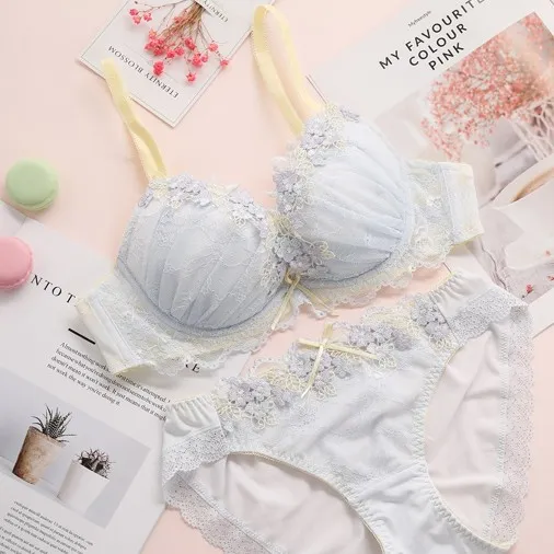 無敵な可愛さ まん丸バスト 少女っぽい B-Fカップ スウィート 刺繍花柄  レース ワイヤー入り ブラ・ショーツセット