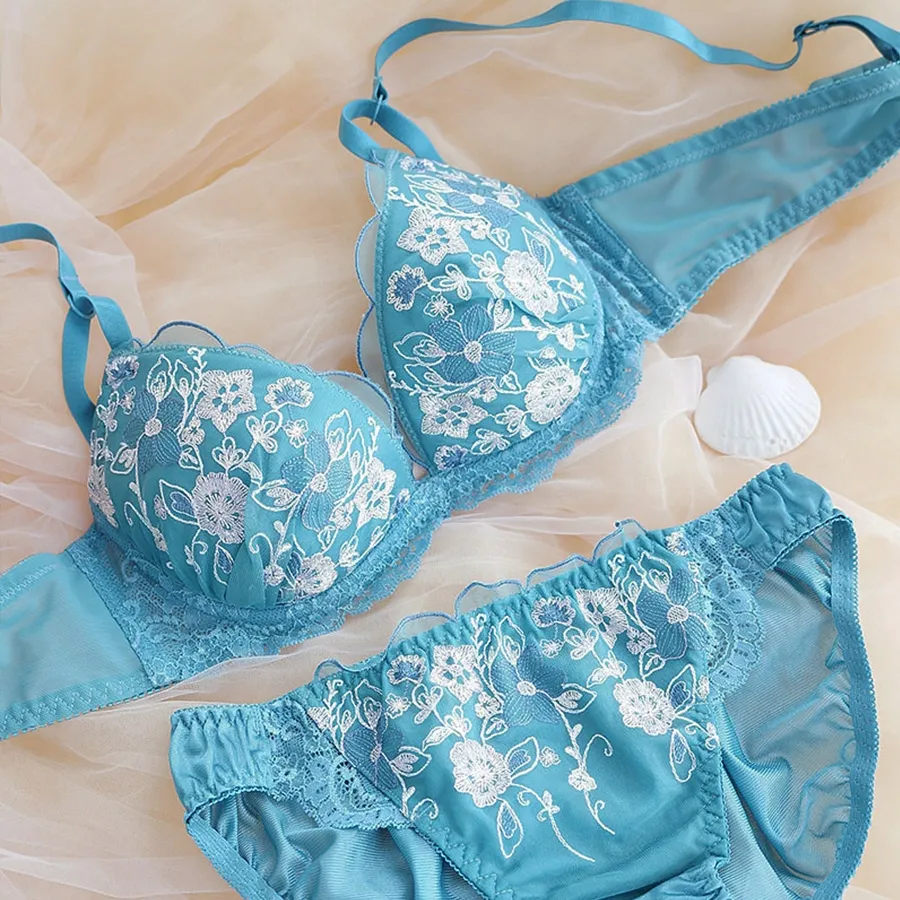 育乳 スウィート フラワー柄 刺繡 A-Gカップ 脇高 レース ワイヤー入り ブラ・ショーツセット