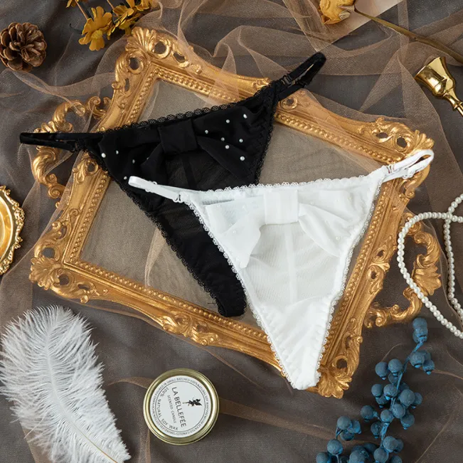 高見えデザイン ビーズ リボン付き セクシー 誘惑 薄い Ｔバック・タンガ