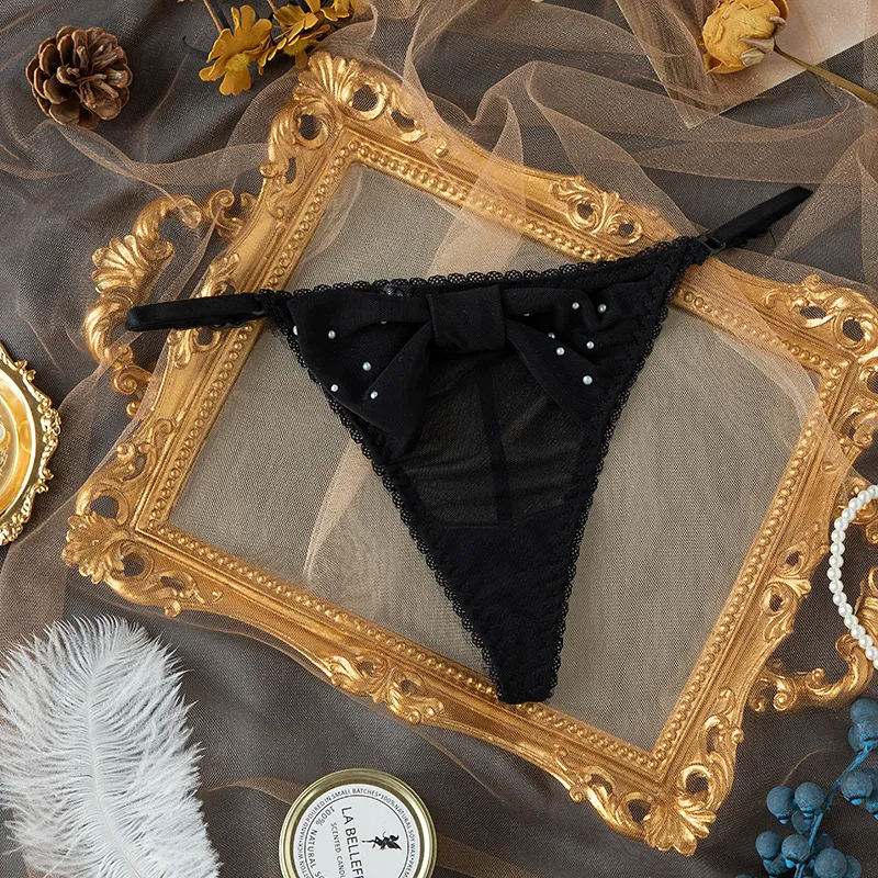 高見えデザイン ビーズ リボン付き セクシー 誘惑 薄い Ｔバック・タンガ