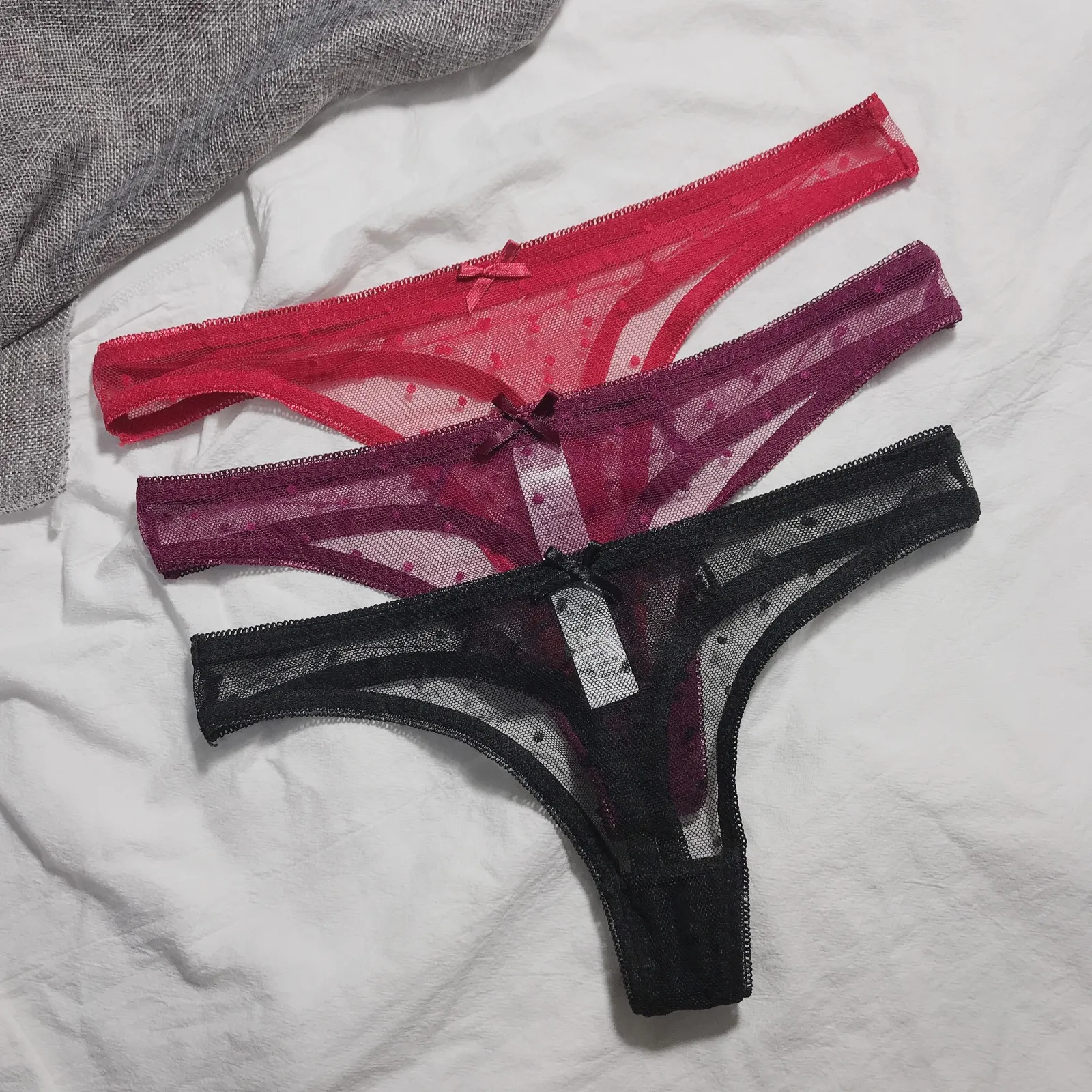 セクシー 透け感 レース リボン付き レディース 浅履き Tバック・タンガ