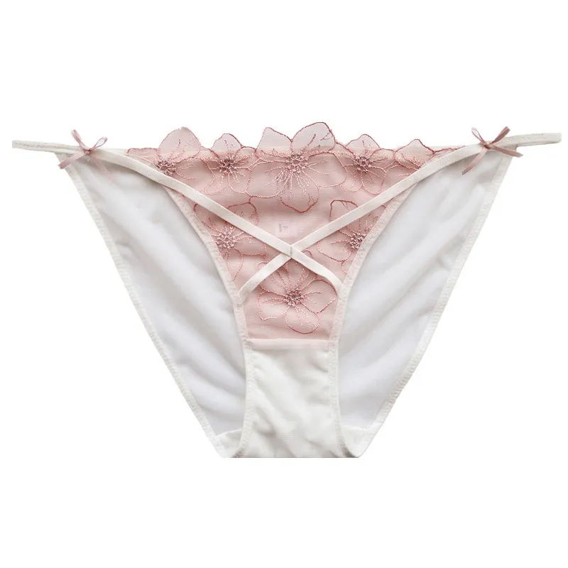 セクシー 刺繡 レース リボン付き メッシュ 透け感 美尻 配色 切り替え Ｔバック・タンガ