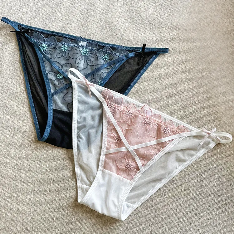 セクシー 刺繡 レース リボン付き メッシュ 透け感 美尻 配色 切り替え Ｔバック・タンガ