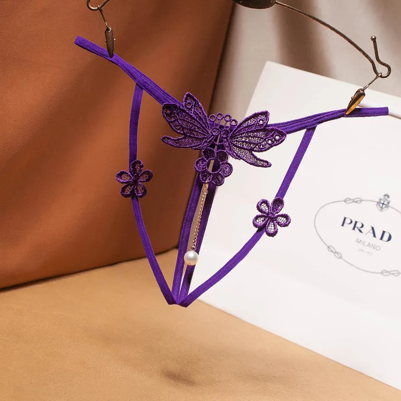 7色展開 色気溢れる バタフライモチーフ 刺繍 無地 真珠 お股オープン セクシー Tバック・タンガ