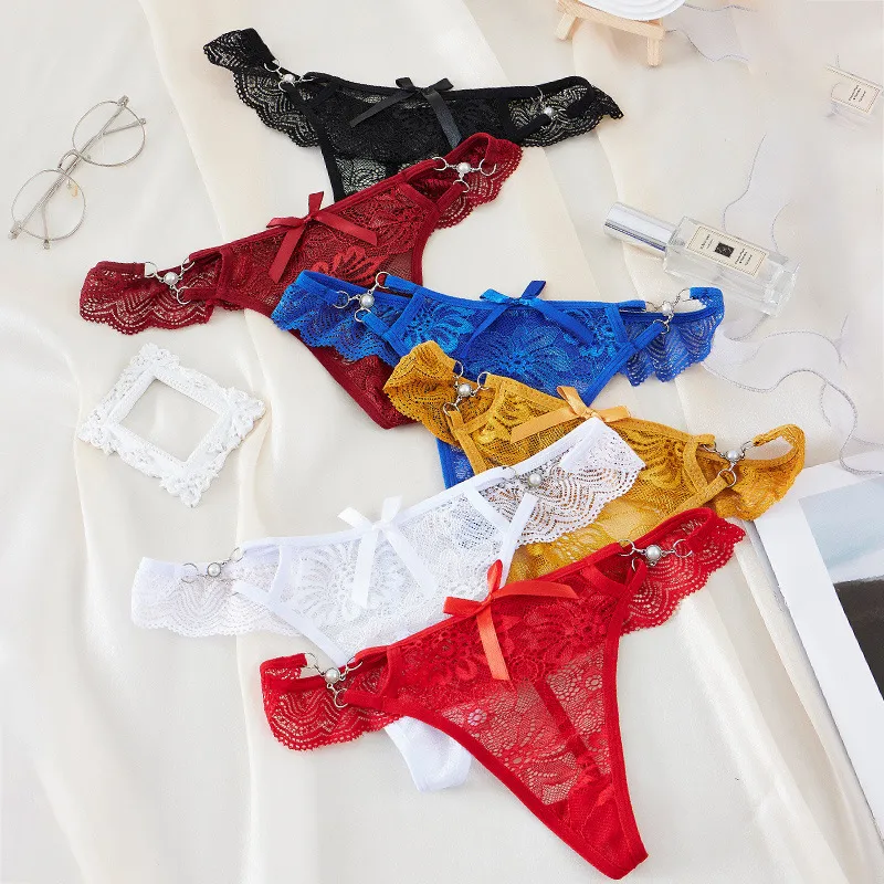 【全6色】誘惑力アップ セクシー レース ビーズ 透かし彫り 切り替え パンティ Tバック・タンガ