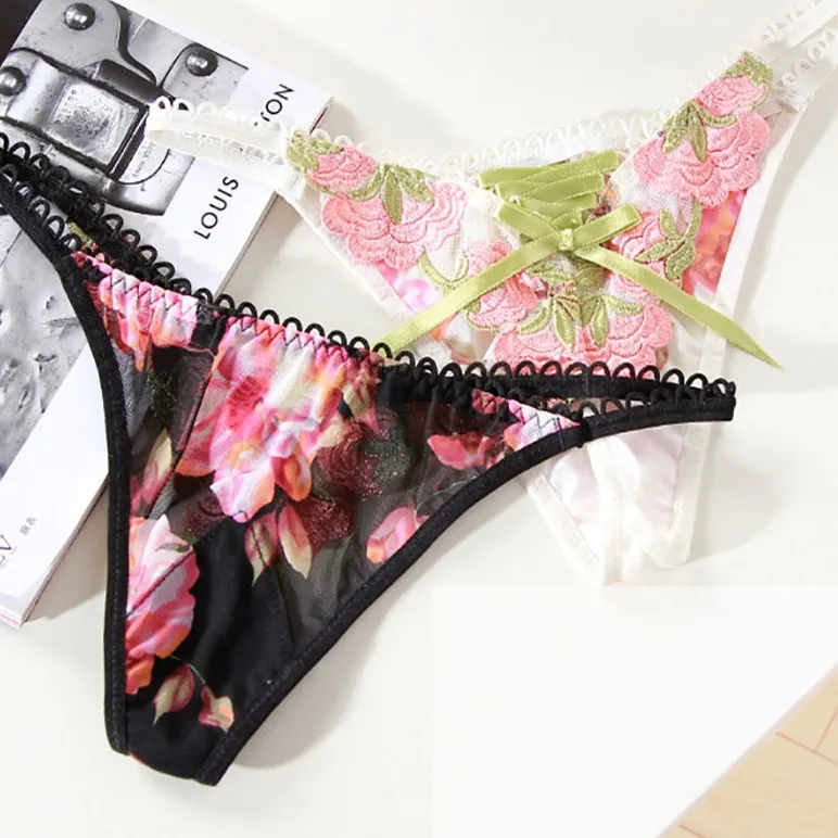 上品な刺繍 リボン 花柄 プリント 美尻 スケスケ 単品販売可能 女子力UP セクシー Tバック・タンガ
