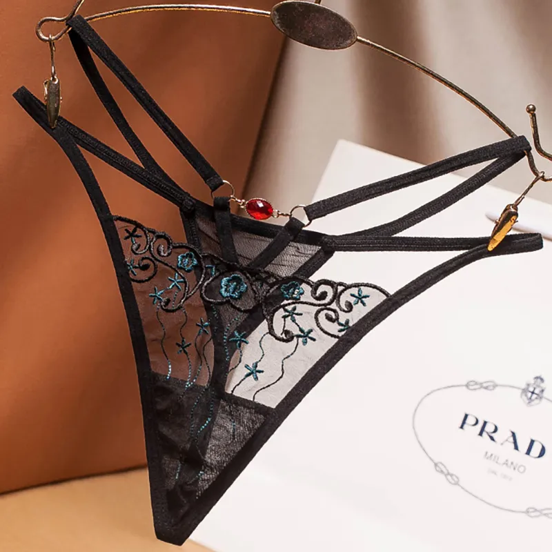 セクシー 刺繡 メッシュ 切り替え 超薄め 透かし彫り 透け透け Ｔバック・タンガ