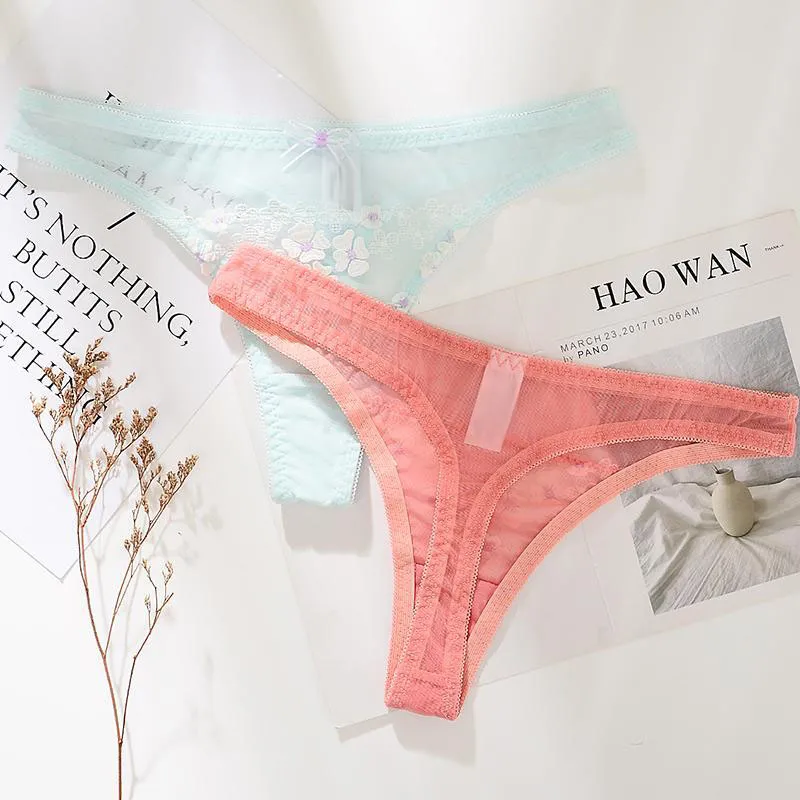 セクシー 透け感 花柄 アップリケ レース メッシュ 刺繡 Tバック・タンガ