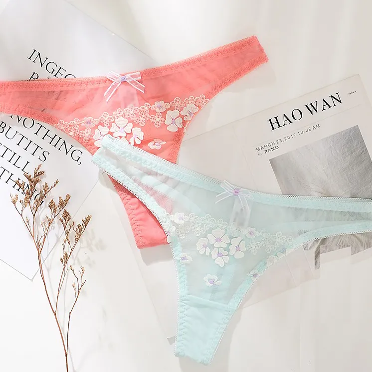 セクシー 透け感 花柄 アップリケ レース メッシュ 刺繡 Tバック・タンガ