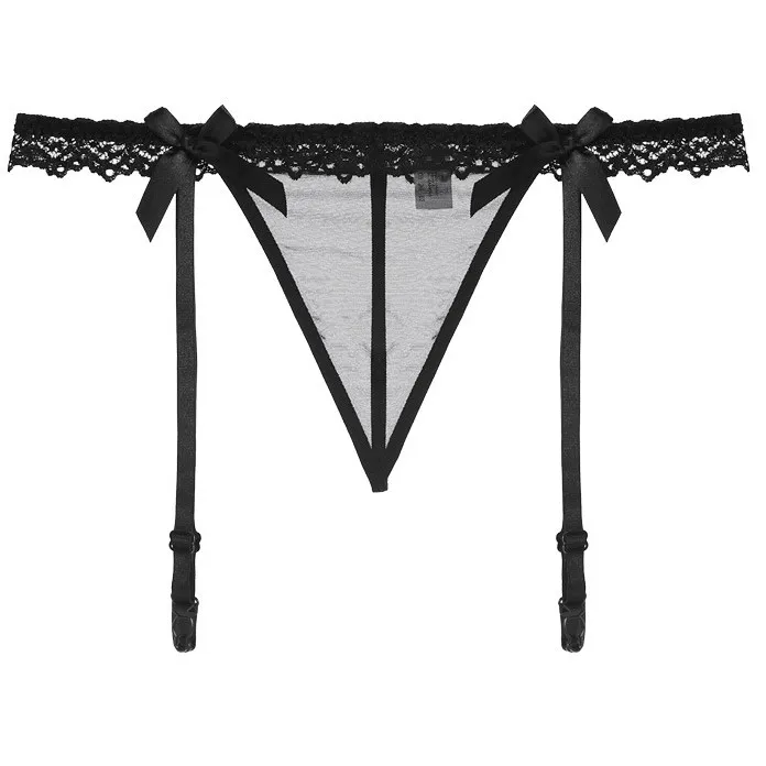 一目惚れ 透け感 レース 切り替え ガーターベルト付き リボン 透かし彫り Tバック・タンガ