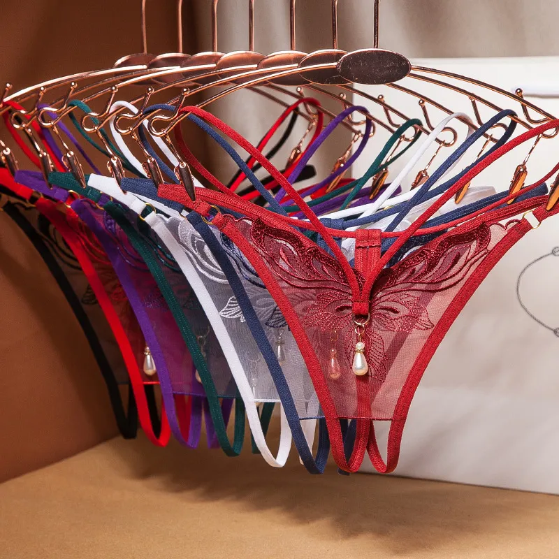 ビーズ飾り 脱ぎやすい 超薄い 透明 レース 切り替え 刺繍 透け Tバック・タンガ