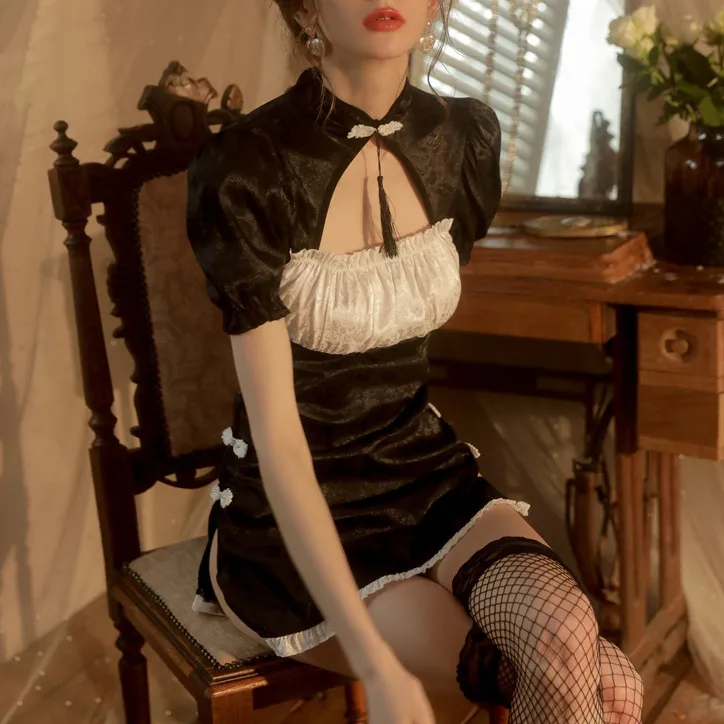レトロ 気質アップ チャイナドレス 切り替え セクシー コスプレ フリンジ ベビードール
