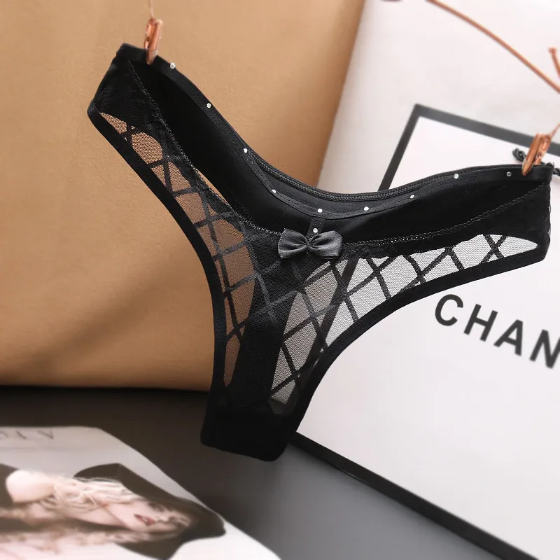 セクシー 超薄め レース メッシュ チェック柄 透け感 透かし彫り 誘惑 Ｔバック・タンガ