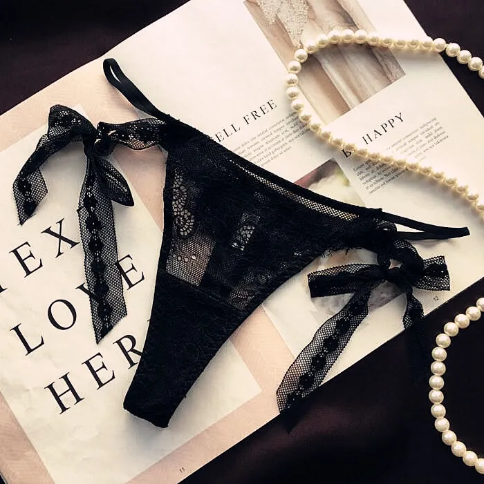 総レース 透かし彫り セクシー ボウタイ 脱ぎやすい ローウエスト Ｔバック・タンガ