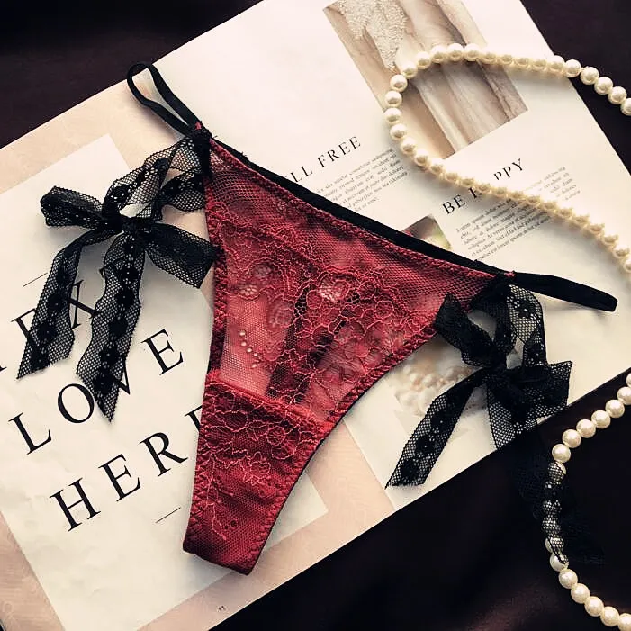 総レース 透かし彫り セクシー ボウタイ 脱ぎやすい ローウエスト Ｔバック・タンガ